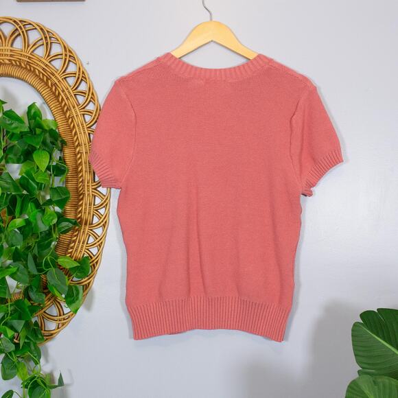 Pink Knit Cardigan Flower Buttons Vintage Short Sleeve Sweater Top | True Spring - Picture 2 of 7